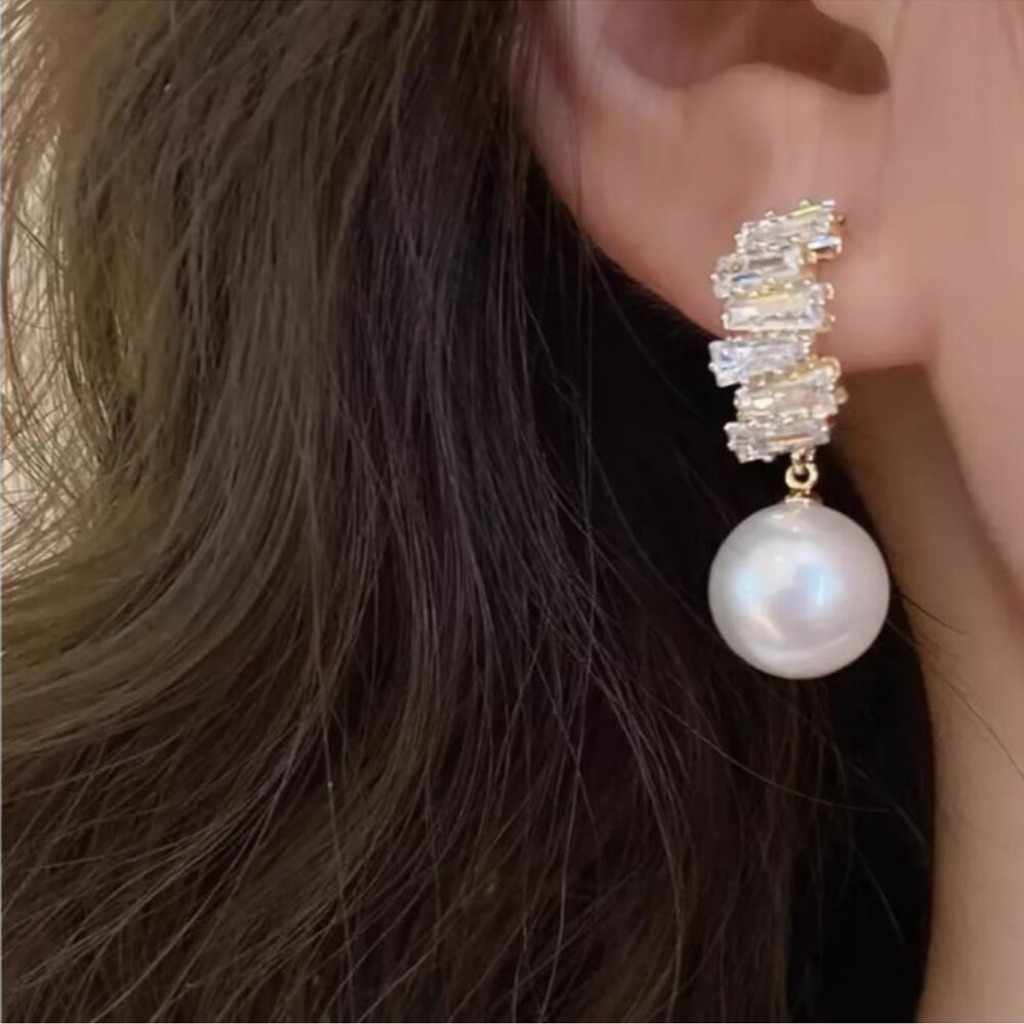 New 18k Gold Plated Stacked Crystal Pearl Drop Earrings 39$